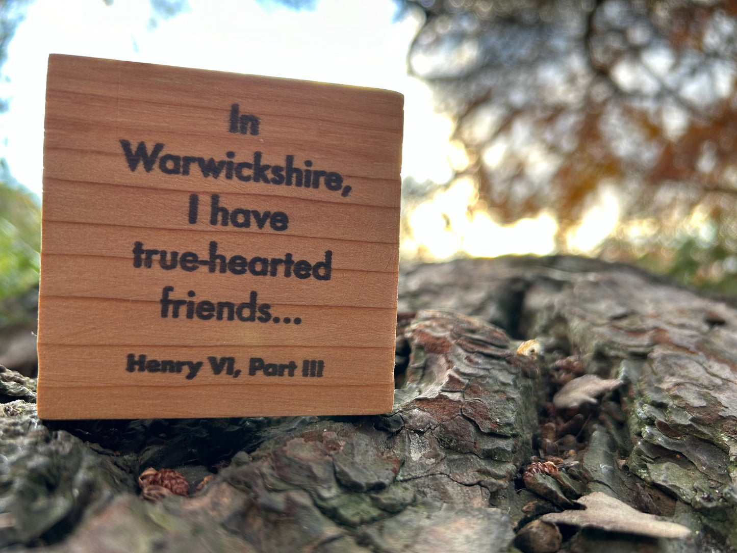 Wooden Shakespeare Quote Block: Cedar 'In Warwickshire, I have true-hearted friends...'