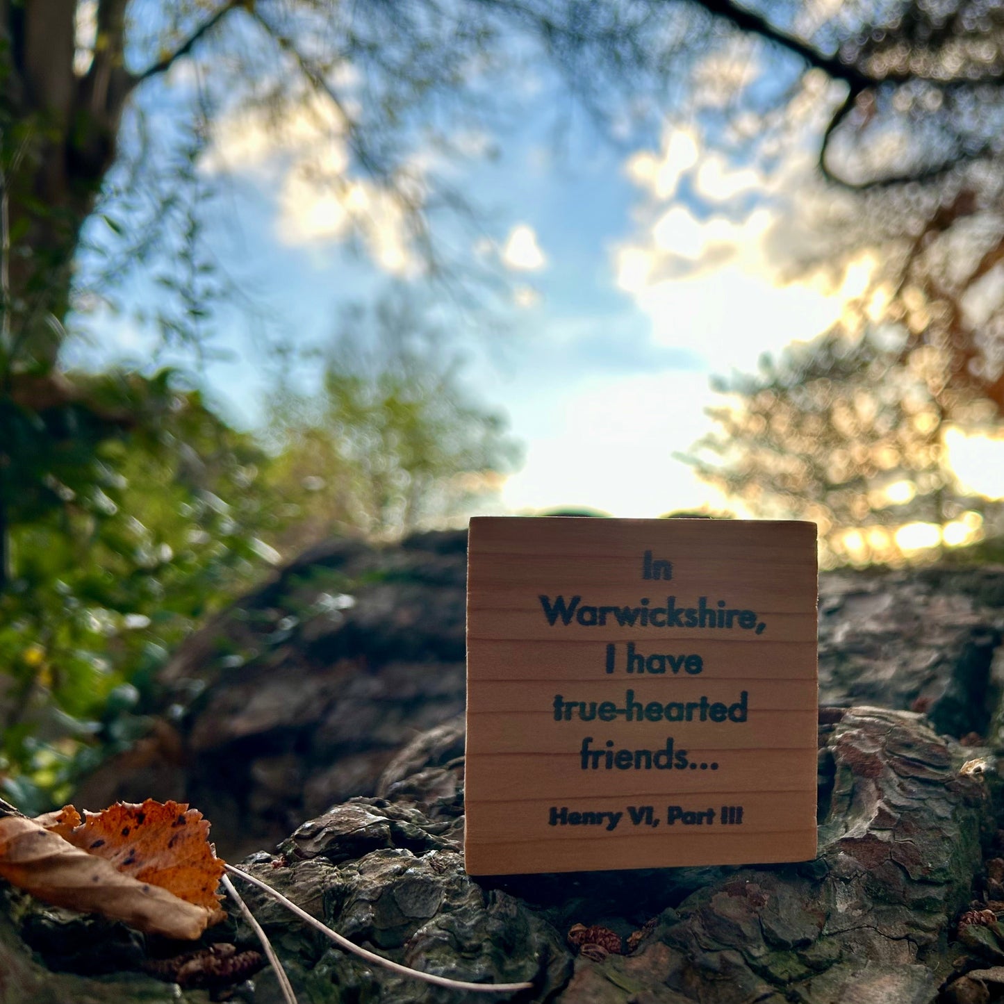 Wooden Shakespeare Quote Block: Cedar 'In Warwickshire, I have true-hearted friends...'