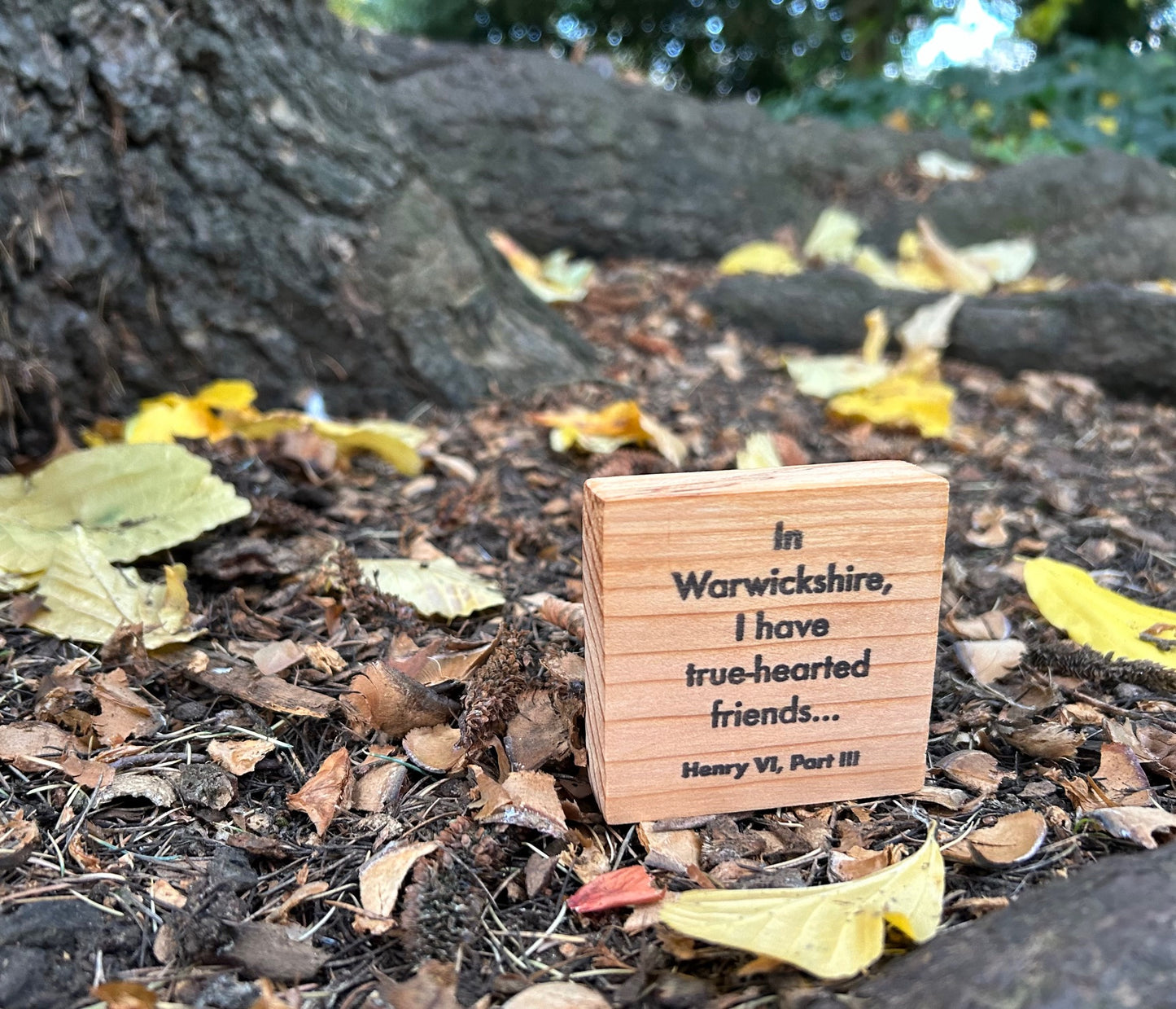 Wooden Shakespeare Quote Block: Cedar 'In Warwickshire, I have true-hearted friends...'